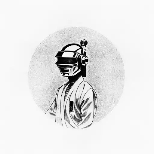 daft punk wearing kimono in front of a japanese temple and an ikigai tree tattoo design idea