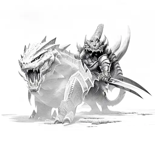A fierce monster hunter battling a fearsome creature tattoo design idea