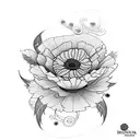 A henna-inspired thigh piece featuring a mix of poppies and chrysanthemums tattoo design idea