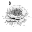 A henna-inspired thigh piece featuring a mix of poppies and chrysanthemums tattoo design idea