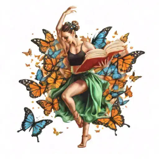dancer holding a book surrounded by butterflies with tutu in the colors of the Italian flag tattoo design idea