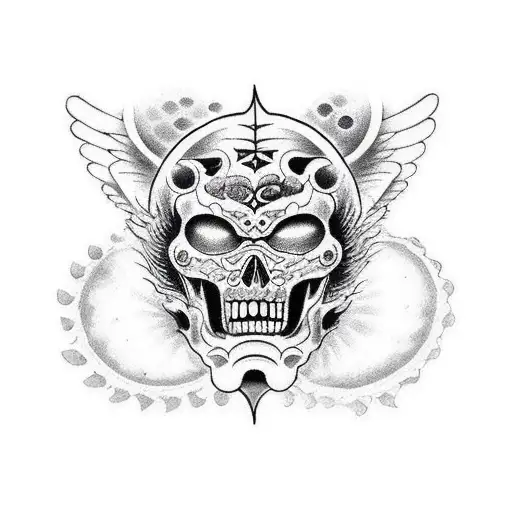 hombre medio angel medio demonio, y de espaldas cada mitad de la otra con el sol y la luna de fondo tattoo design idea