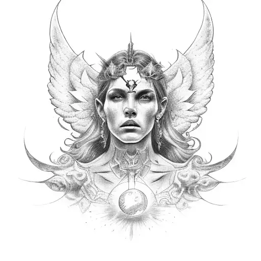 hombre medio angel medio demonio, y de espaldas cada mitad de la otra con el sol y la luna de fondo tattoo design idea