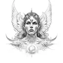 hombre medio angel medio demonio, y de espaldas cada mitad de la otra con el sol y la luna de fondo tattoo design idea