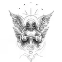 hombre medio angel medio demonio, y de espaldas cada mitad de la otra con el sol y la luna de fondo tattoo design idea