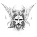 hombre medio angel medio demonio, y de espaldas cada mitad de la otra con el sol y la luna de fondo tattoo design idea