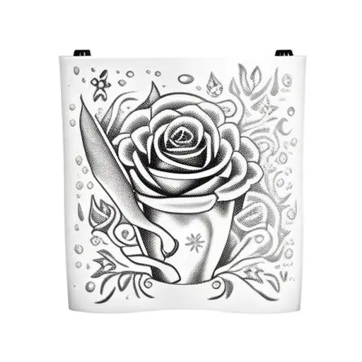 Frozen margarita glass, looking like a thick slurpy, with straw, highly decorated, roses, leaves, an eel is around tattoo design idea