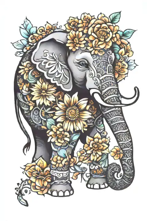 mandala elephant flowers growing tattoo design idea