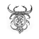 celtic arm sleeve with a scorpion, a fire, an oak tree symbol and a longhorn tattoo design idea