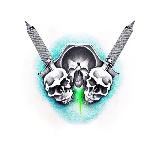 skull with karambit knife and marihuana leav on top tattoo design idea
