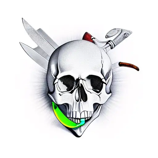 skull with karambit knife in mouth tattoo design idea