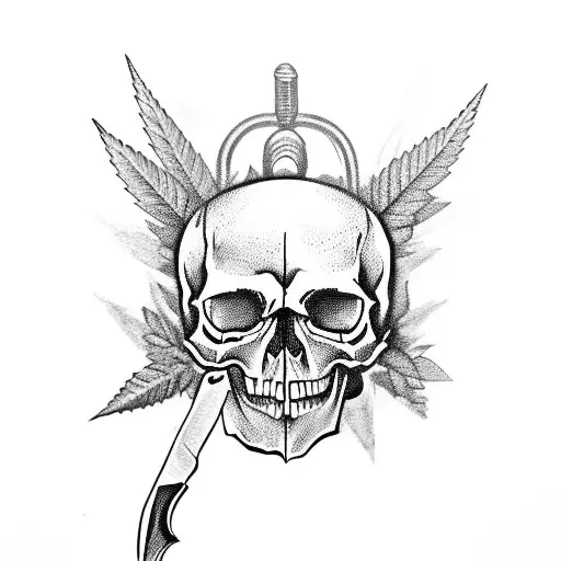 skull with karambit knife and marihuana leaf tattoo design idea