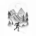 A stylized mountain range with a runner sprinting towards the finish line at sundown tattoo design idea