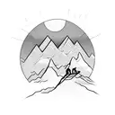 A stylized mountain range with a runner sprinting towards the finish line at sundown tattoo design idea
