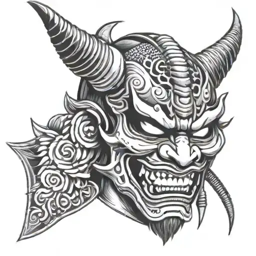 hannya mask with a samurai sword in his mouth and a samurai helmet on his head, his eyes squinted and bloodshot tattoo design idea