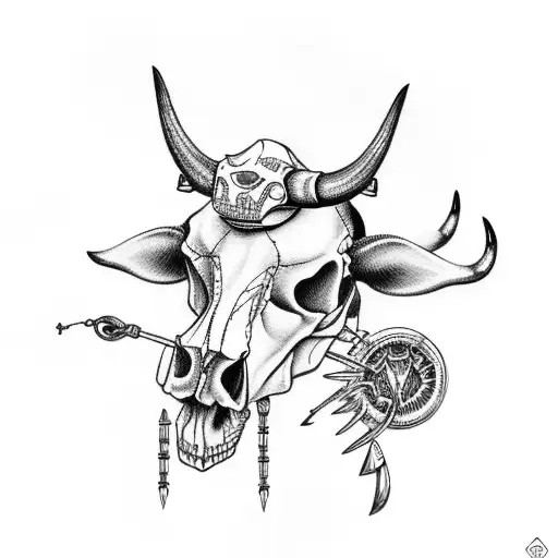 A cow skull adorned with fishing lures and mechanical parts, representing the client's passions tattoo design idea