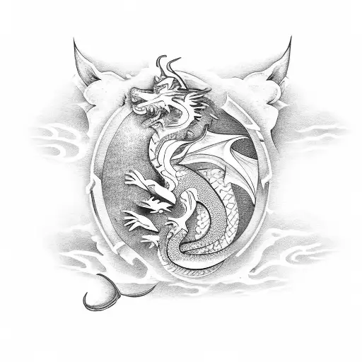 neo traditional dragon vs fox tattoo design idea