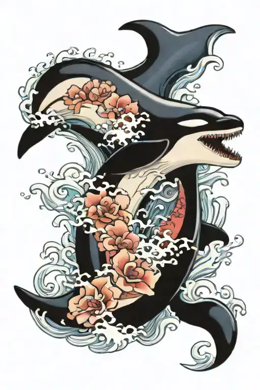Killer Whale in a big splashy wave tattoo design idea
