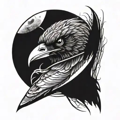  Dark vibe Crow-head inside a half moon with white pupils tattoo design idea