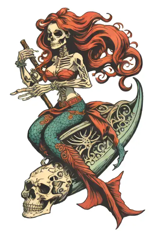 mermaid skeleton riding tattoo design idea