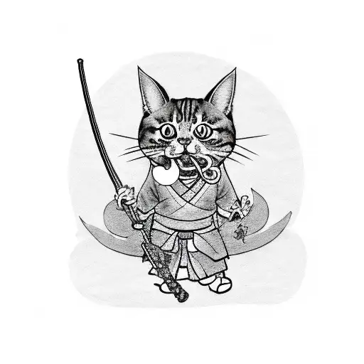 line art of a cat in traditional japanese clothes holding a sword in his mouth with a devil mask on his side tattoo design idea