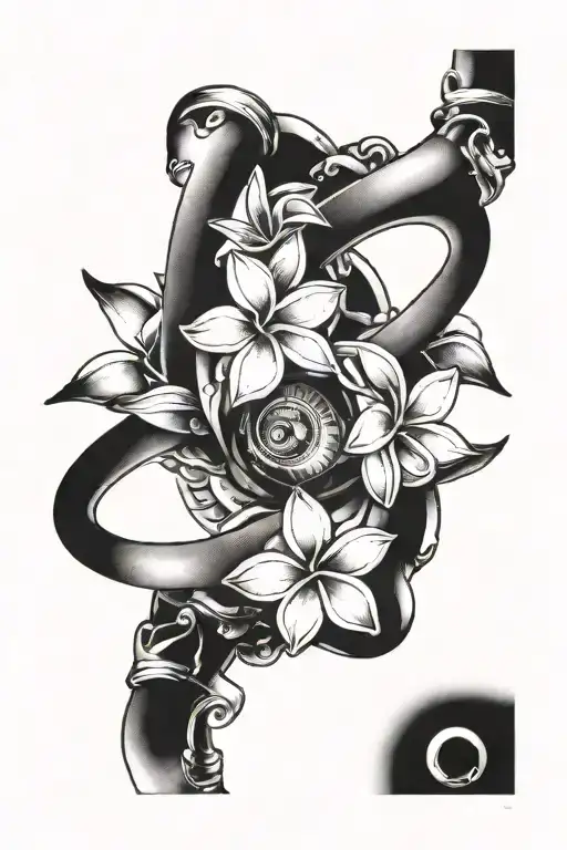 plumeria, aperture ring, bicycle gear, black and white,  tattoo design idea