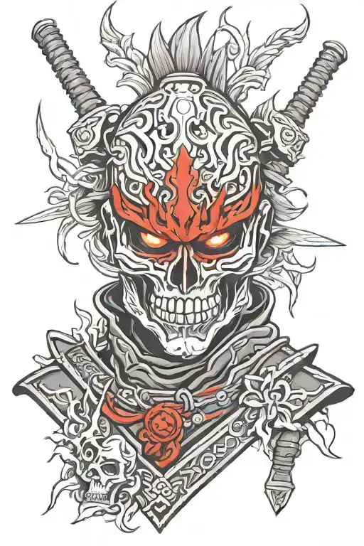 skull face samurai with red and black armour and flame eyes  tattoo design idea