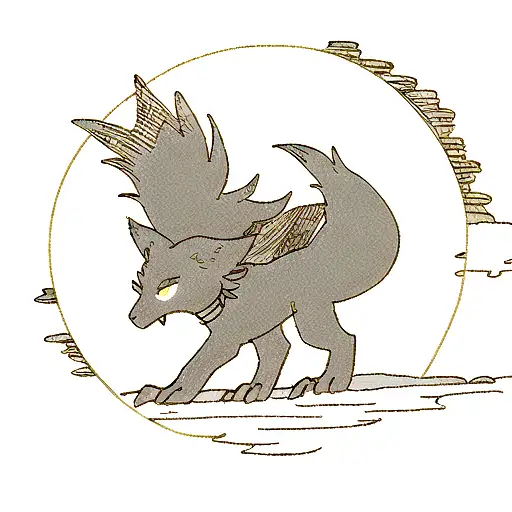 paisaje nocturno con la luna llena de fondo y un fénix un lobo una pantera negra un dragón  tattoo design idea