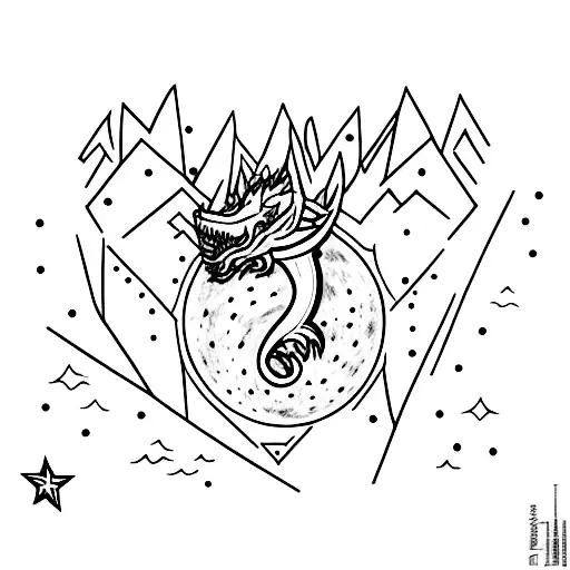 paisaje nocturno con la luna llena de fondo y un fénix un lobo una pantera negra un dragón  tattoo design idea