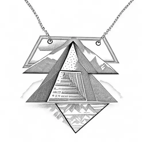 A necklace shaped like a pyramid, with the elements written on it, coverd by a blue blanket behind  tattoo design idea