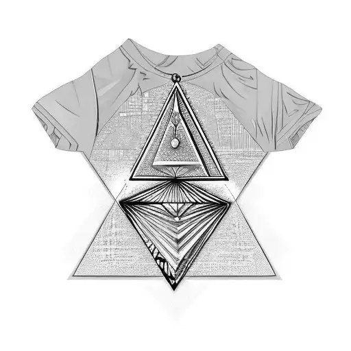 A necklace shaped like a pyramid, with the elements written on it, coverd by a blue blanket behind  tattoo design idea