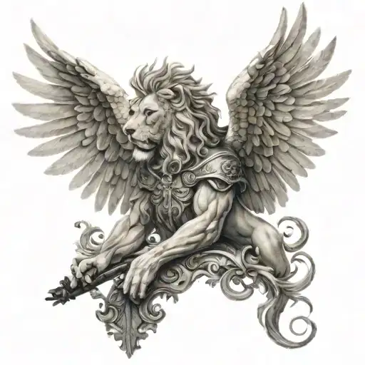 To one side of the lion's head, imagine a graceful angel with large, feathery wings outstretched. angel holds a cross  tattoo design idea