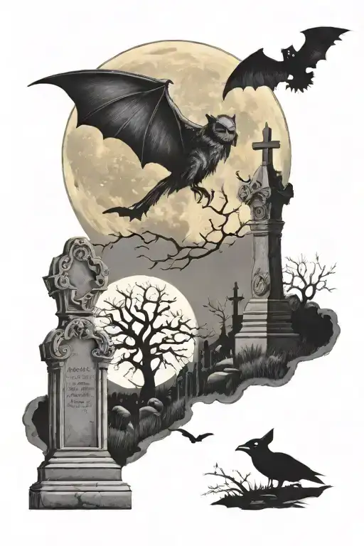 graveyard with tombstones and hollow full moon with flying bats  tattoo design idea