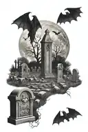 graveyard with tombstones and hollow full moon with flying bats  tattoo design idea