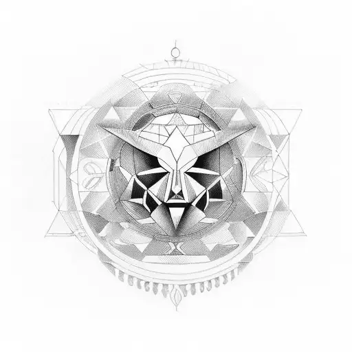 a Deusa Artemis segurando uma balança na mão emoldurada por padroes geométricos e o símbolo do signo de libra  tattoo design idea