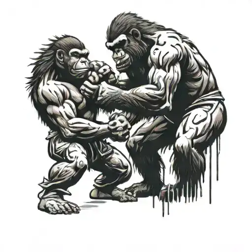 Gorilla facing off against a street fighter in a dramatic street fight scene tattoo design idea