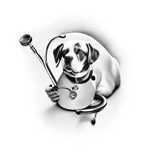 A realistic black-grey tattoo of a veterinary stethoscope wrapped around a paw print tattoo design idea