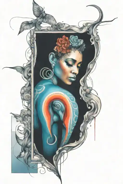 Elephant head infinity symbol love heart divided and Afro ballerina portrait tattoo design idea