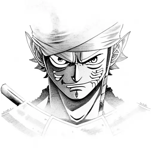 A detailed portrait of Zoro holding his sword, with Luffy's silhouette in the background tattoo design idea