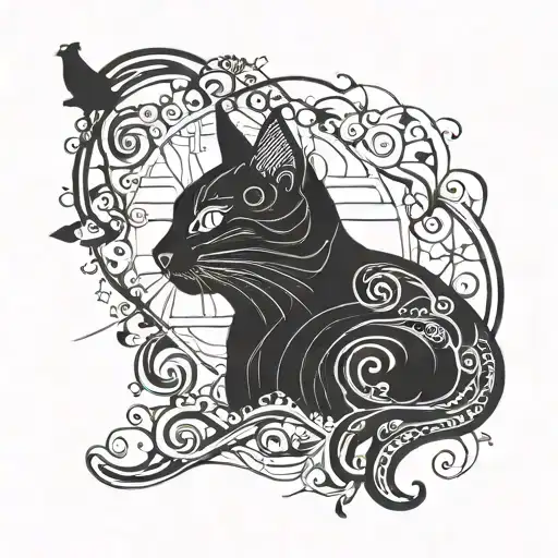 A bold and graphic blackwork tattoo design of a cat and bird silhouetted against a colorful background, creating a striking contrast tattoo design idea