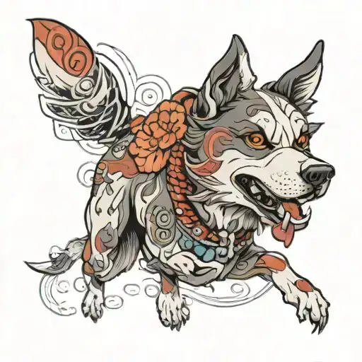 a dog tattoo, but it is a Japanese-type drawing, who wears earrings, smoke and has a bit of a violent face  tattoo design idea