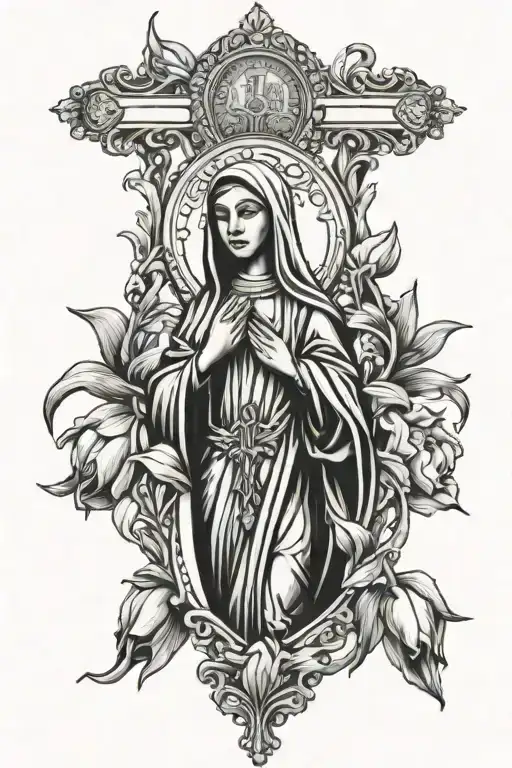 rosary with tulips and Lady Fatima tattoo design idea