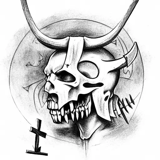 demon with cross nailed in his skull tattoo design idea