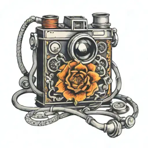 film camera with stethoscope entwined together tattoo design idea