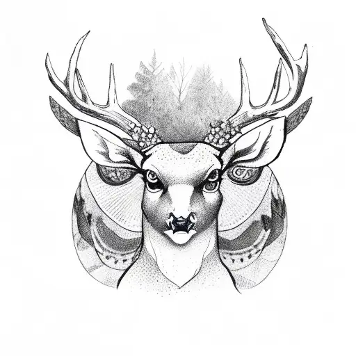 deer and forest and owl tattoo design idea