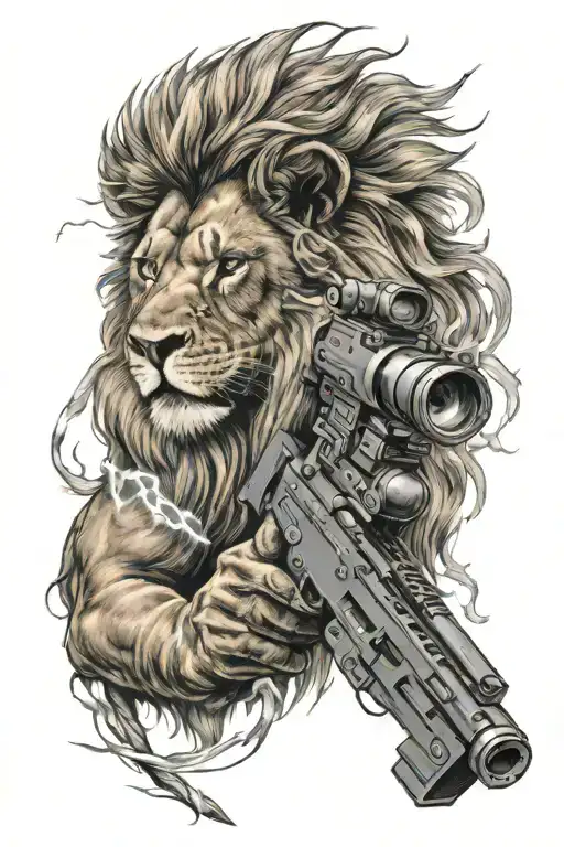 lion with lightning bolts and an m4 rifle tattoo design idea