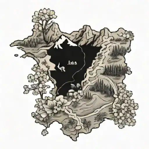 A black-grey tattoo of a hiking map of the Italian countryside with delicate flower accents tattoo design idea