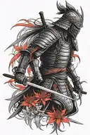 Side standing Samurai warrior with helmet and black face background red colored  spider lily tattoo design idea