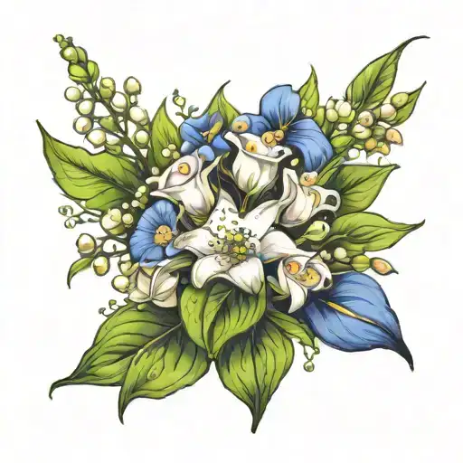 bouquet of lily of the valley, cosmos, and morning glory with leaves  tattoo design idea