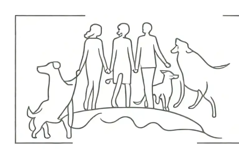 A minimalist tattoo design featuring a silhouette of your sister, parents, and dog standing together in unity tattoo design idea